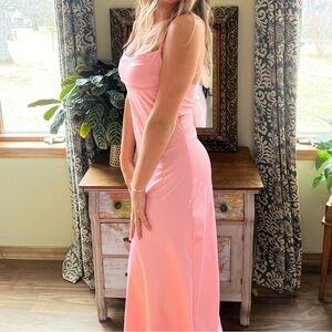 Pink satin dress with slit in back